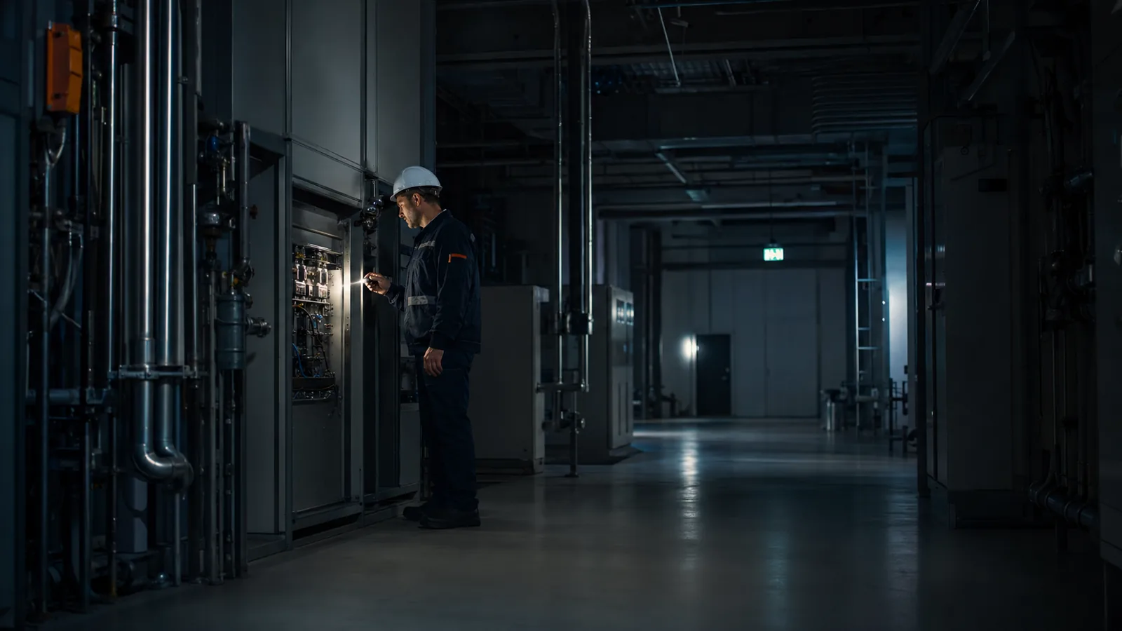 Técnico avaliando uma falha em uma instalação industrial com pouca luz