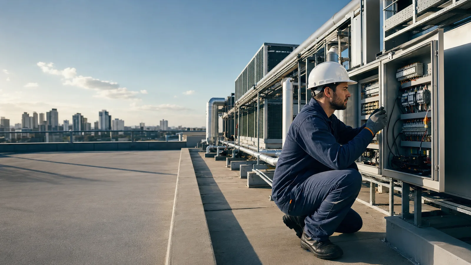 Técnico da Fast Repair fazendo manutenção predial no rooftop de um edifício corporativo em Curitiba