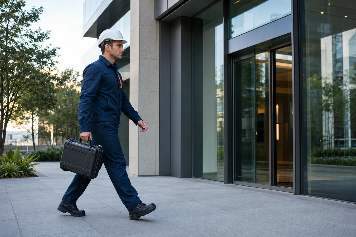 Técnico da Fast Repair chegando a um edifício corporativo para atender um chamado